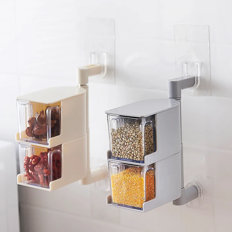 

BF040 Kitchen Seasoning Box Pasted wall hanging rotary flavoring box with spoon 2layers Spice Jar box 6.5*10.5*18cm