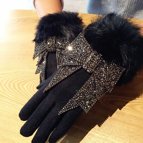 Women's Winter Wool Touch Screen Gloves Rhinestone Luxury Bowknot Fur Gloves Female Mittens Cashmere Warm Gloves Luva