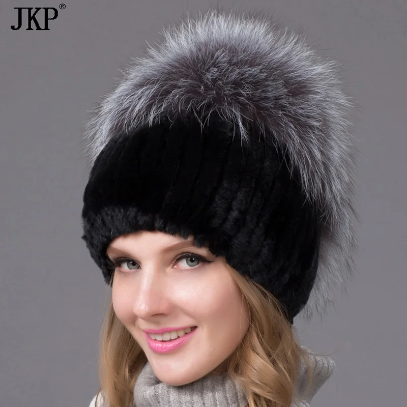 JKP Fashion Real Rex Rabbit Fur Hat Female Winter Thick Warm Knitted Caps Women's Natural Fox Fur Earflap Hat THY-09