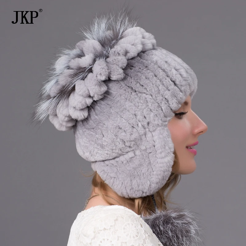 Women Natural Rex Rabbit Fur Hat Winter Warm Thick Knit Real Fox Cap Female New Ear Protection Hat Free  THY-38