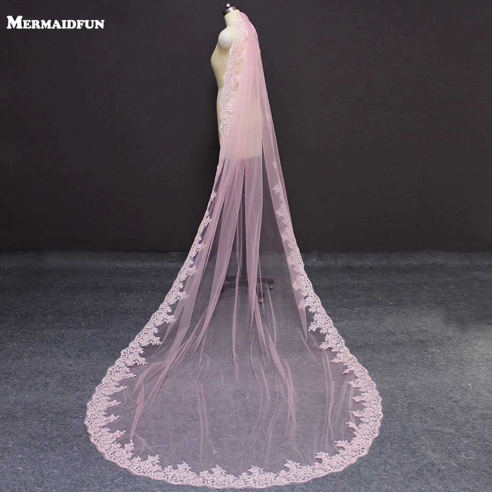 Customized New Arrival Pink Long Wedding Veil with Comb One Layer 3 Meters Cathedral Bridal Veil Colorful Voile Mariage