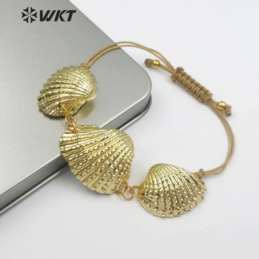 WT-B441 Full Gold Dipped Natural White Scallop Shell Boho Jewelry Finding With Adjustable Tie Women Fashion Bracelet