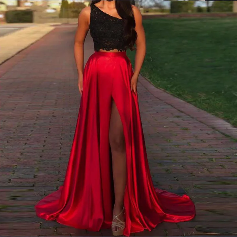 

Sexy Red High Side Split Women Satin Skirts For Party A-line Long Female Adult Skirt Zipper Custom Made Faldas Largas Mujer