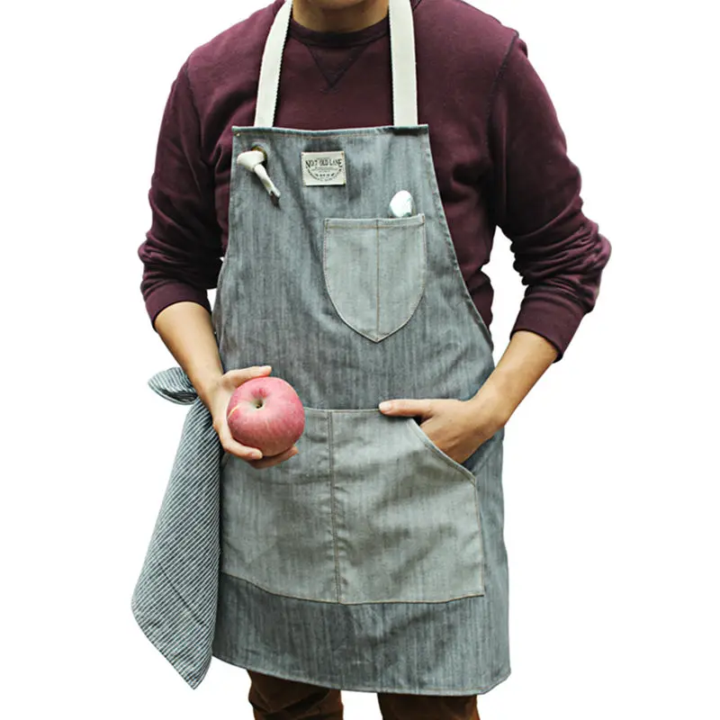 

Blue Gray Denim Apron Cotton Straps Barista Baker Bartender Chef Catering Uniform Florist Painter Artist Gardener Work Wear B11