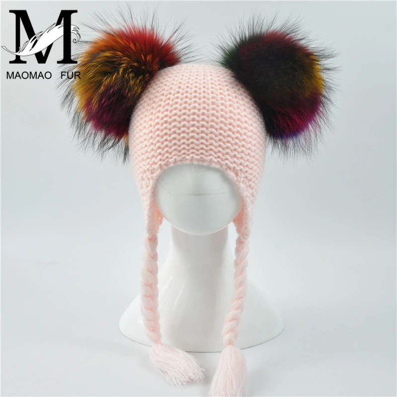 Baby Hat Autumn Winter 2017 Beanie Hat with Double Real Fur Pompom Warm Wool Toddler Cap Multicolor Kids 2 Real Fur Pom Pom Hat