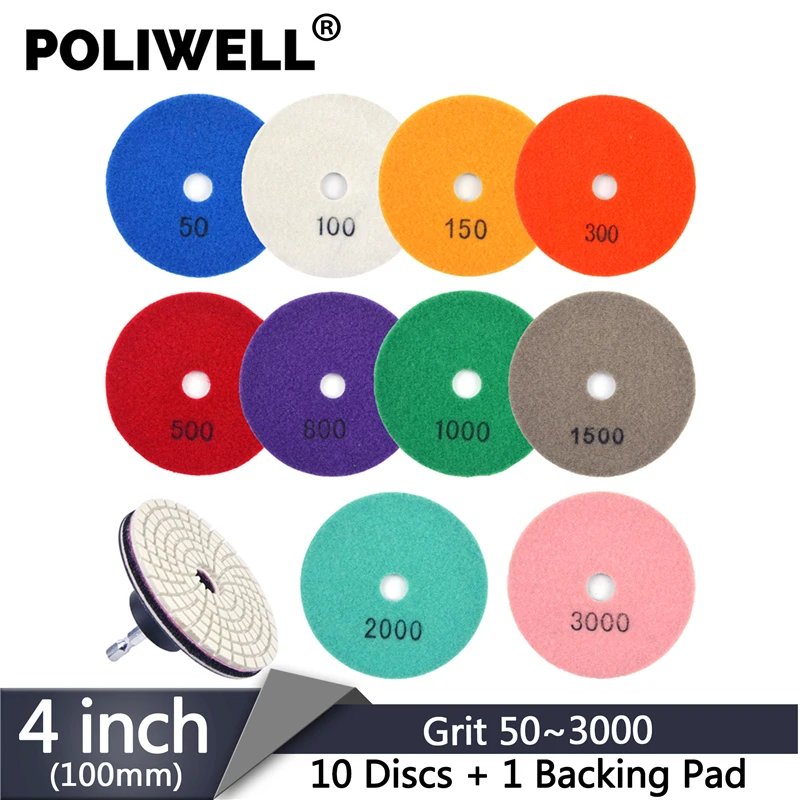 

POLIWELL 4 inch Wet/Dry Diamond Polishing Pads Sanding Grinding Disc Marble Stone Polishing Flexible Stone Ceramic Tile Tools