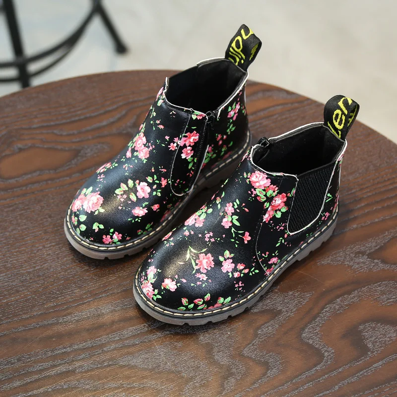 CNFSNJ new spring winter Girls Boots Floral Martin Boots 21-36 Kids Rubber Sole Graceful Flower Print PU Leather Bottes sneakers