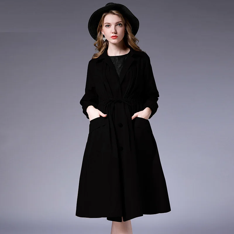 Plus Size Womens Loose Fashion Trench Coat Temperament Elegant Coat Oversize Long Sleeve Collect Waist Solid Autumn Coats New