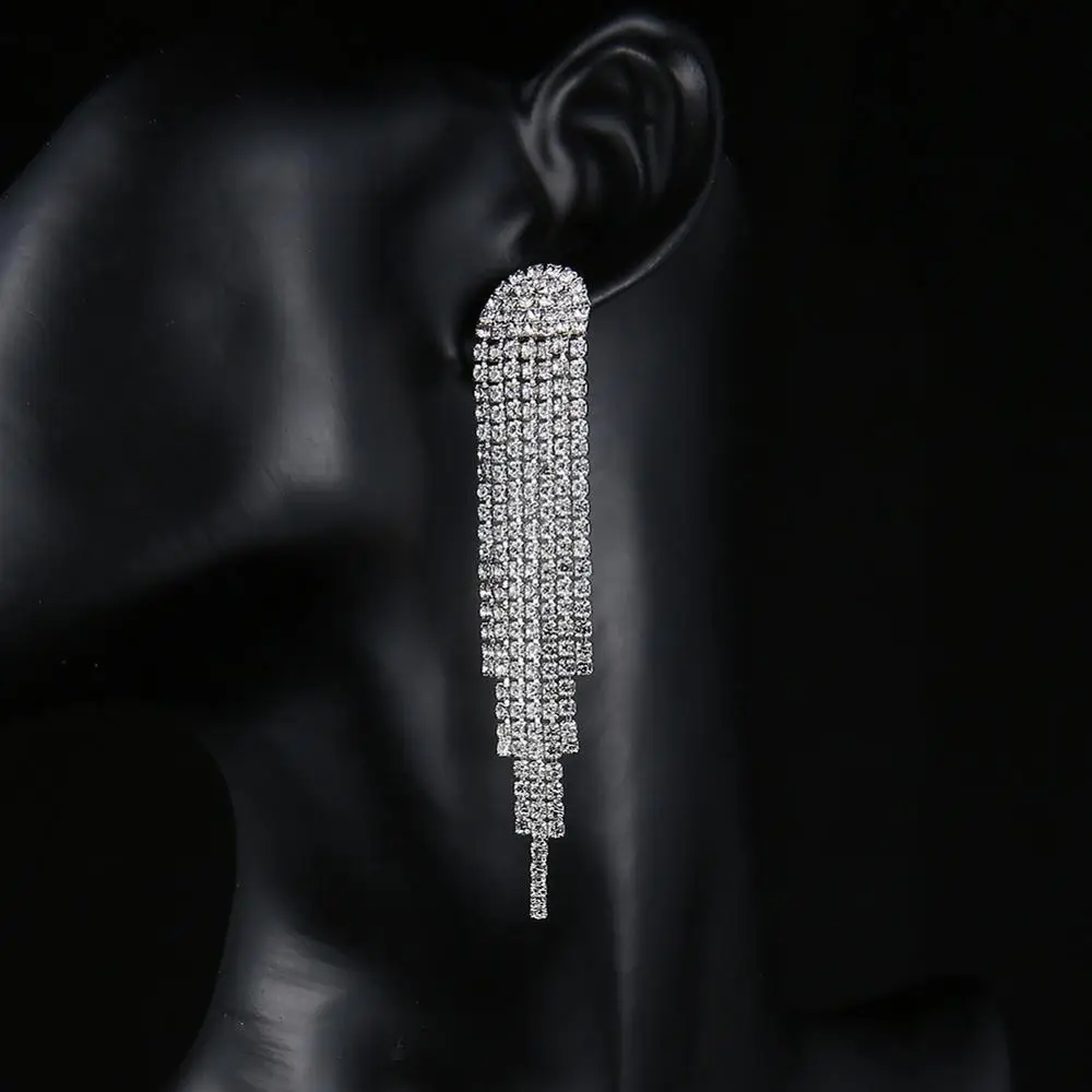 TREAZY NEW Rhinestone Wedding Drop Earrings for Women Silver Color Crystal Bridal Long Tassel Hanging Earring Night Club Jewelry