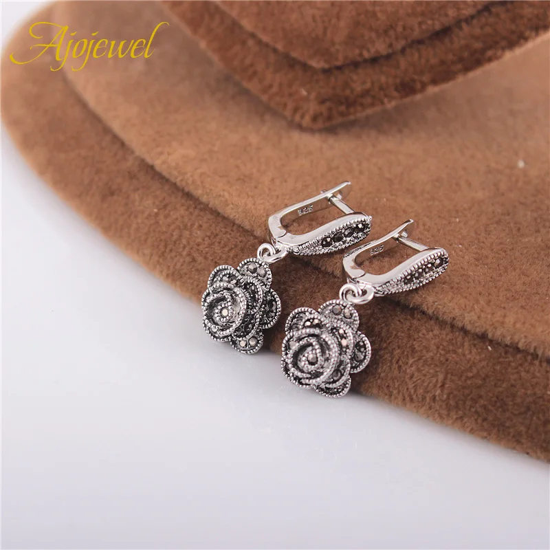 Ajojewel Vintage Black CZ Rose Flower Earrings For Women Silver-color Ear Drop Chic Jewelry