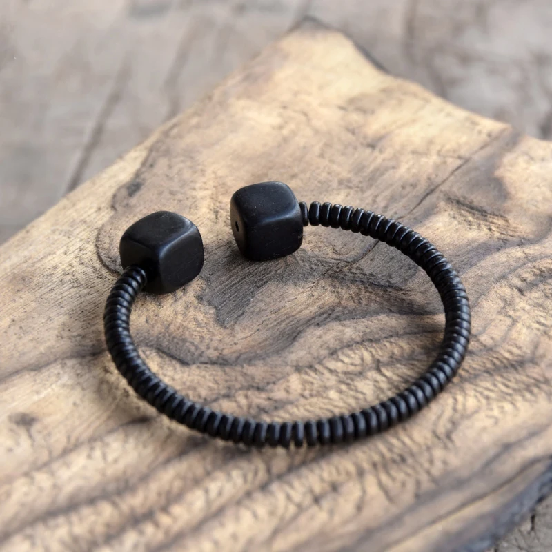 Ebony Black Wood Bracelet Cuff Bangle Simple Minimalist Open Size Adjustable Wrist Jewelry For Male Female Peace Health