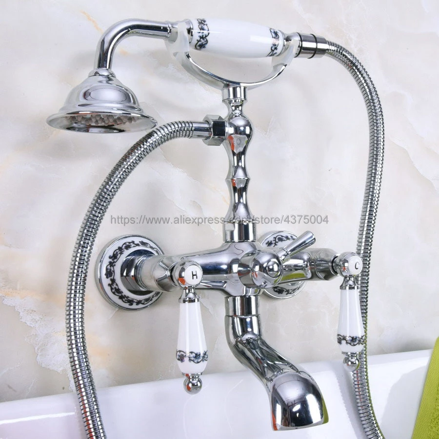 Wall Mounted Bathtub Faucet Double Handle Polished Chrome Mixer Tap Bath Shower Faucets With Hand Shower Nna207