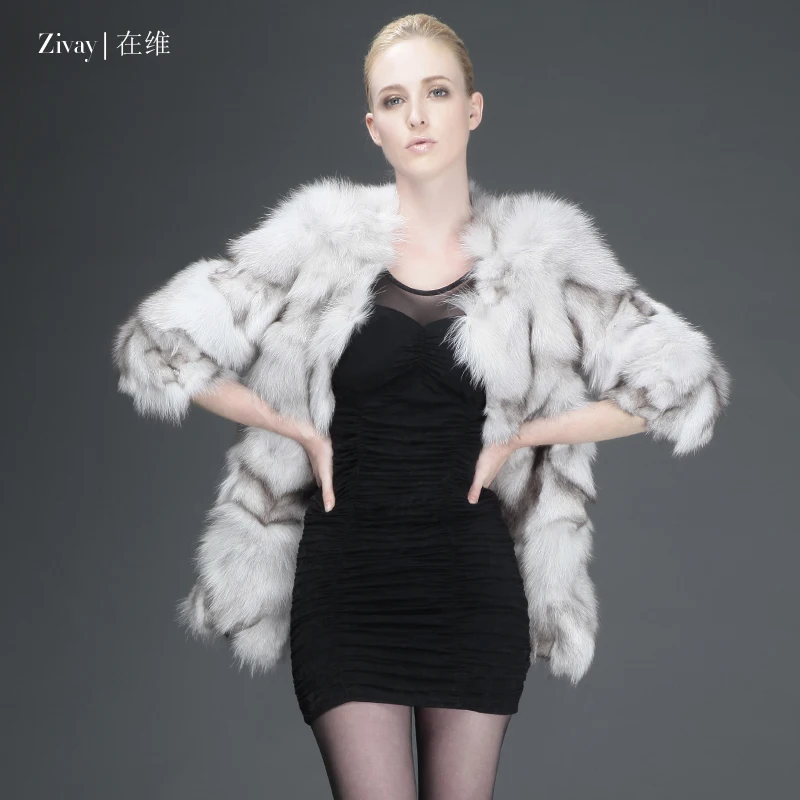 

Winter Women's Genuine Natural Fox Fur Coat Half Sleeve O-Neck Lady Warm Garment VF0281