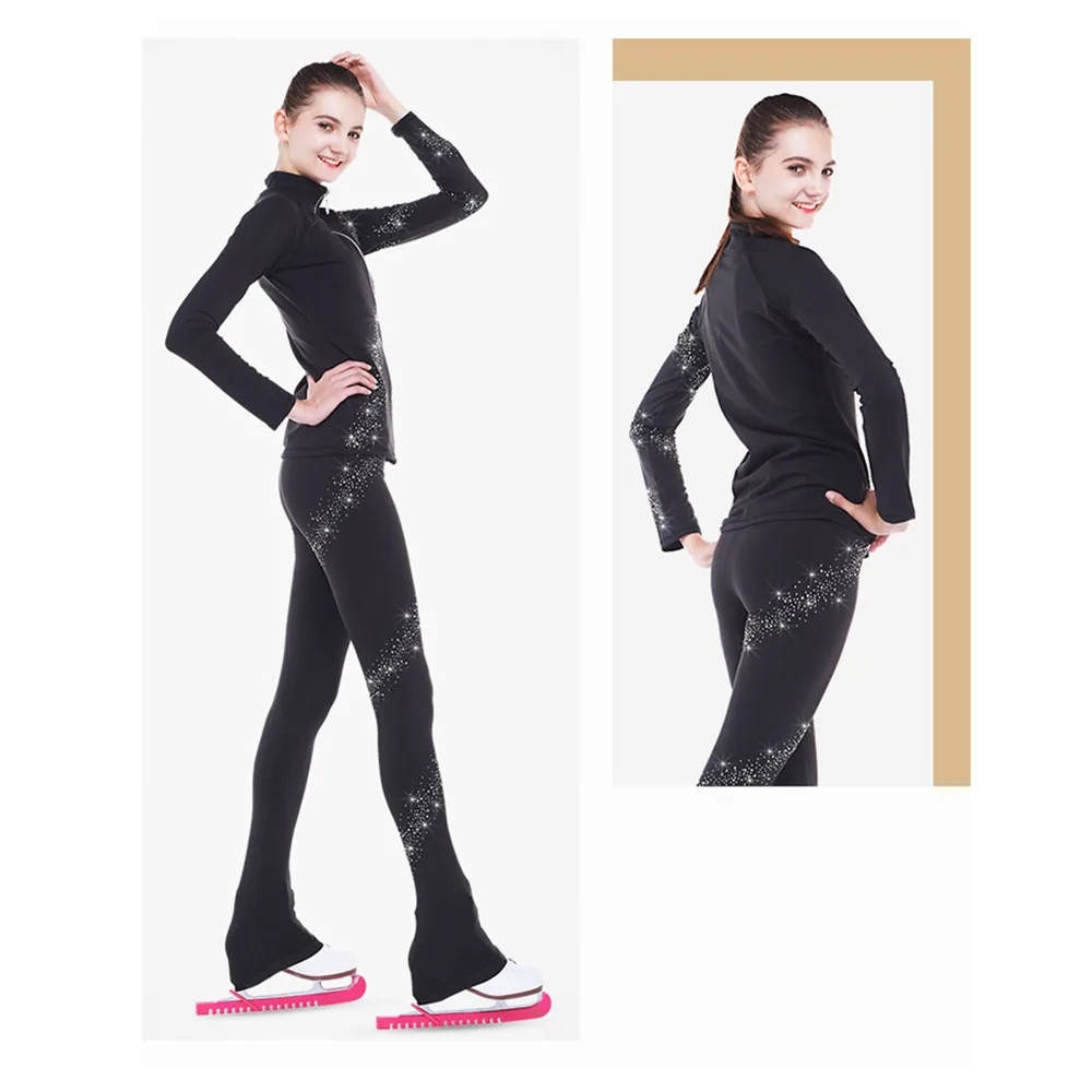 LIUHUO Ice Figure Skating Jacket Pants Women Boy Girl Trousers Roller Top Black Spandex Stretchy Training Competition Teens Kids