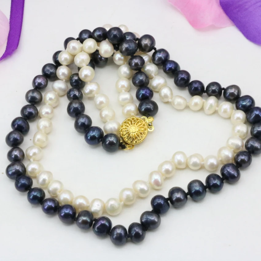 

Natural real white freshwater 7-8mm pearl beads 2 rows necklace for women statement chain wedding gifts jewelry 17-18inch B3240