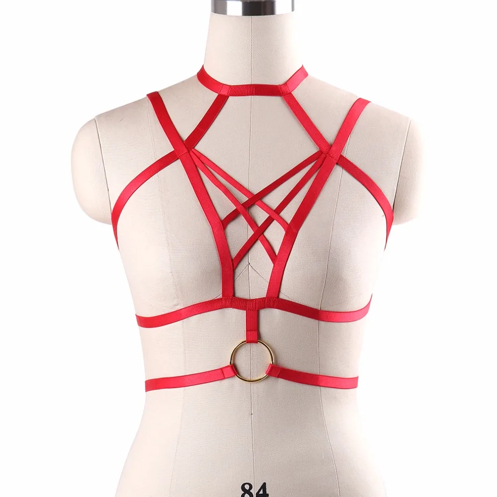 

Red Cage Bralette Womens Sexy Red Body Harness Belt Harajuku Gothic Bondage Harness 90s Fetish Wear Crop Tops Bodysuit DO0585