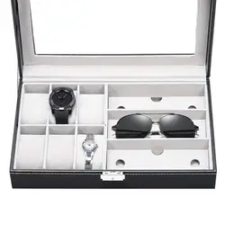 SZanbana Men & Women 9 Slots Display Watch Storage Colleciton Box with 6 Piece Watch Case and 3 Piece Eyeglasses Plus Locker