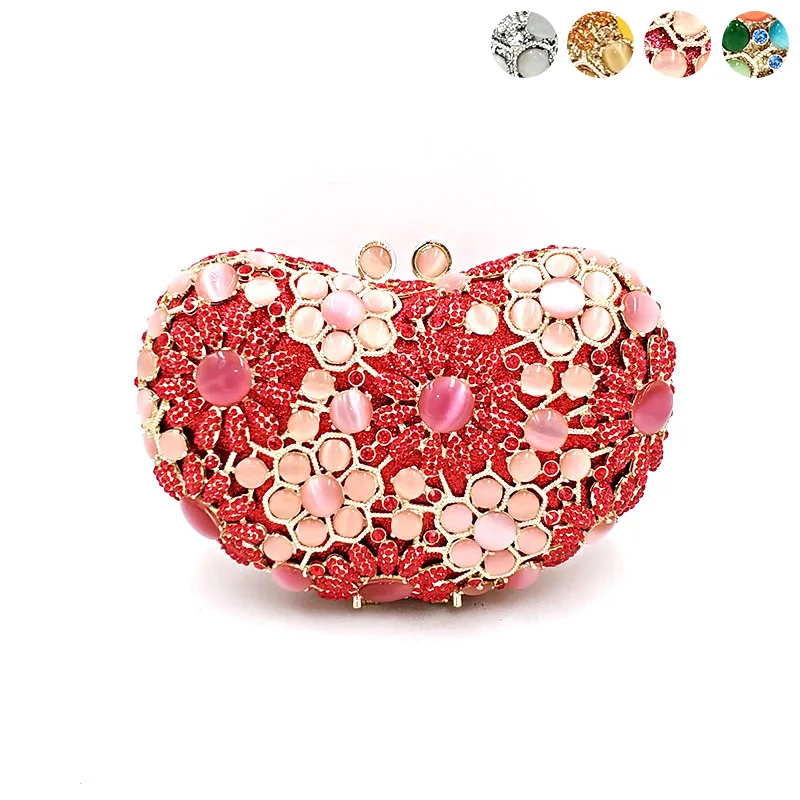 

Bridal wedding party women evening party bag diamonds luxury heart shape crystal clutches elegant opal stones purses