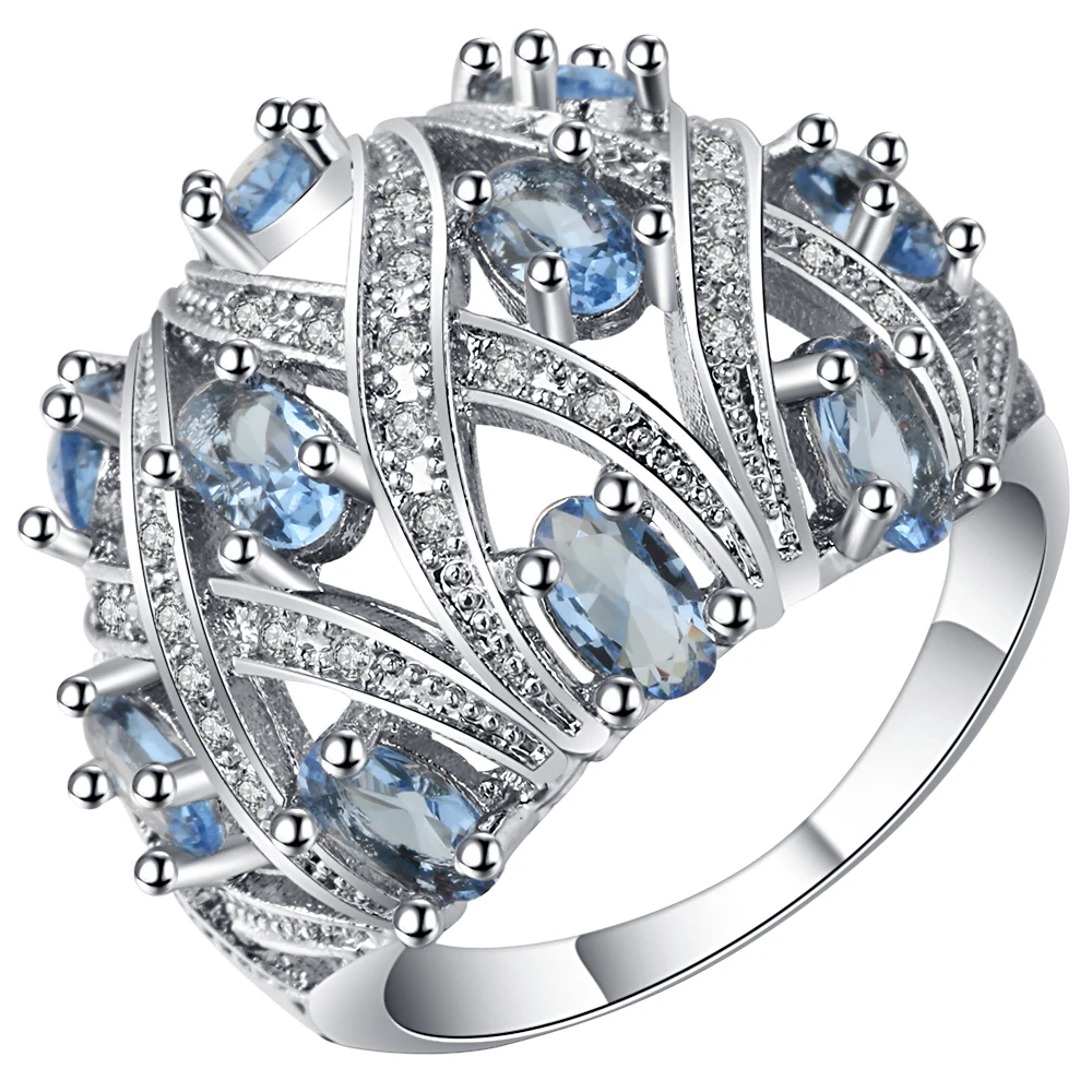 Anillo de Boda con Cristal Azul Natural, Romántico y Elegante en Plata - Perfecto para Compromisos, Bodas y Regalos de Lujo