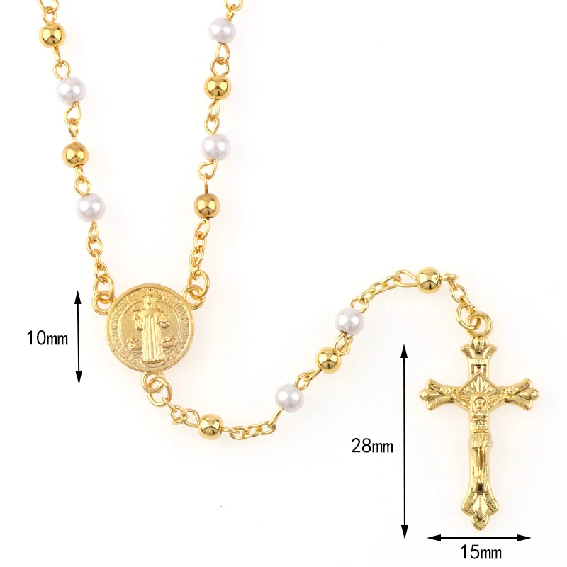 4mm Catholic Rosary  Metal And Pearl Beads Necklace Jewelry Religious Bead Blessed Virgin Mary With Jesus Cross