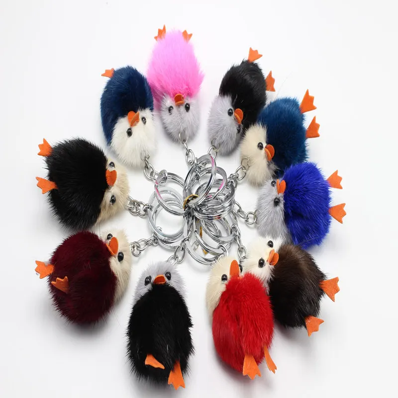 Cute Girls Fluffy Mink Fur Pompom Chick Key Chains Pompon Ball Duck Keychain Women Bag Car Trinket Jewelry Party Friends Gifts