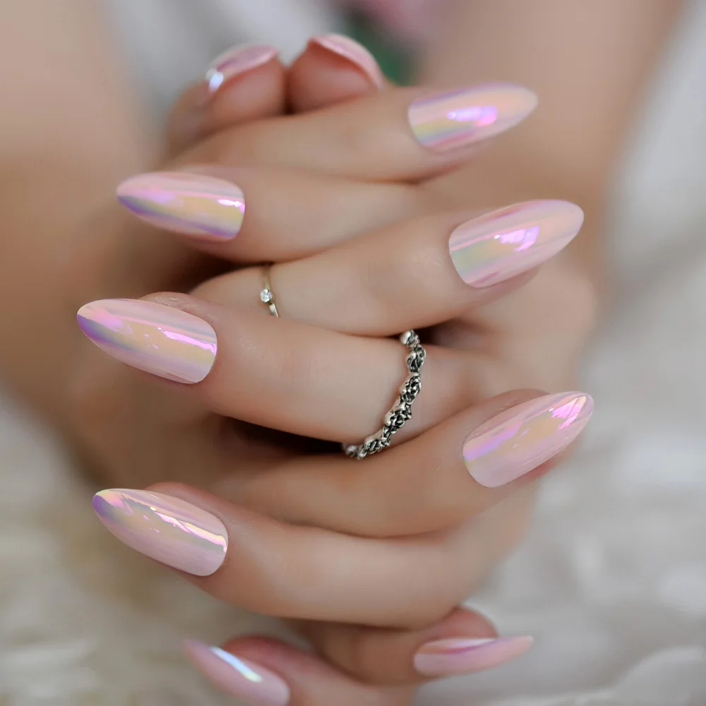 Nastro adesivo popolare per nail art olografico di mandorle rosa chiaro Specchio medio Nuovi suggerimenti per unghie Specchio lucido 24 pezzi