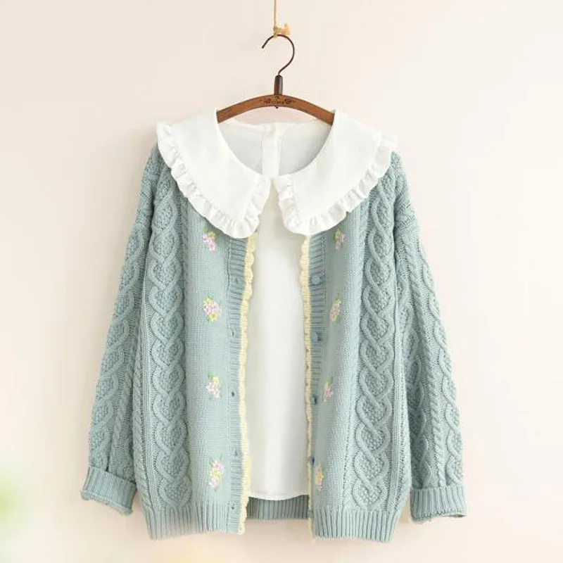 

Mori Girl Sweet Floral Thick Warm Sweater 2023 Spring Autumn Women Knitted Cardigans Girl's Twist Crochet Knitted Sweater Coat