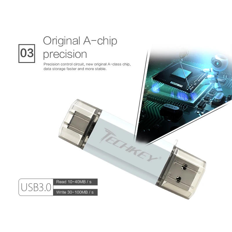 TECHKEY USB 3.0 Flash Drive 128Gb Loại-C 3.1 64GB Kim Loại Tùy Chỉnh Bút USB 32GB dán 16GB Cho Điện Thoại Micro USB Loại C