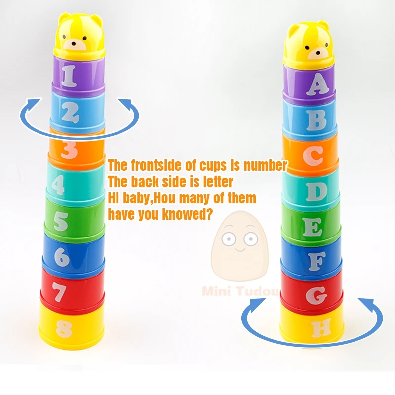 9PCS เด็กการศึกษาของเล่น6เดือน + ตัวเลขตัวอักษร Foldind Stack Cup Tower เด็ก Early Intelligence