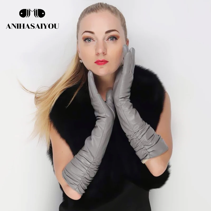 2020 Best-selling female long leather gloves,sheepskin women\'s long gloves,Dark gray Winter long leather gloves women - 2081C