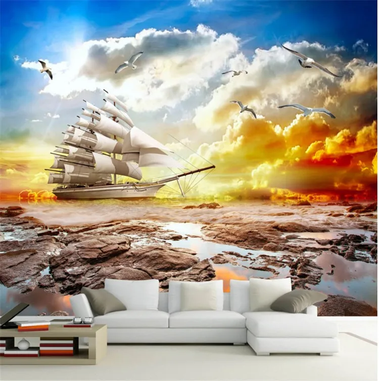 

Sunset beauty 3D wallpaper windsurfing sailboat living room television background wall painting sofa bedroom seamless wallpaper