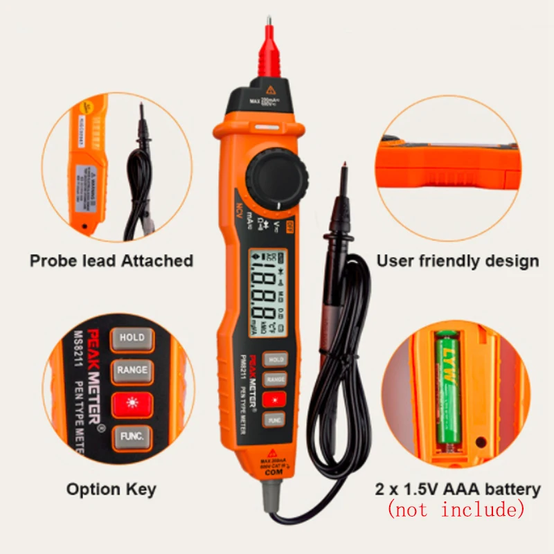 PEAKMETER MS8211 Digital Multimeter 2000 Counts Pen Type with Non-Contact ACV/DCV 600V Electric Handheld Tester Multimeter