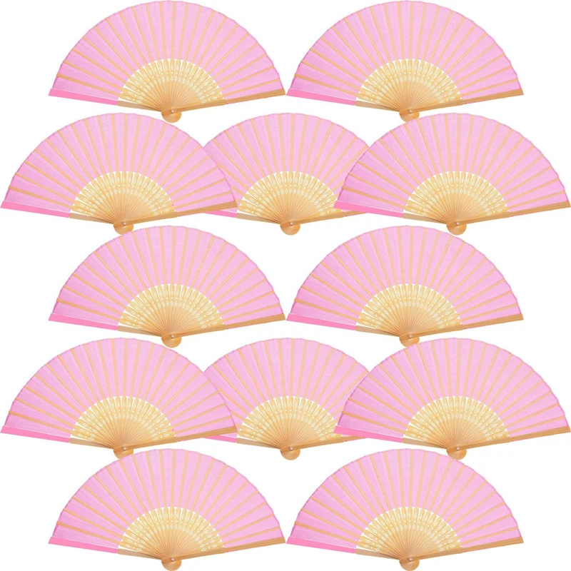 12 Pcs Pink Hand Fans eventail a main Silk Bamboo Folding Fan waaiers hand Wedding Birthday Party Gift Favors DIY Decoration