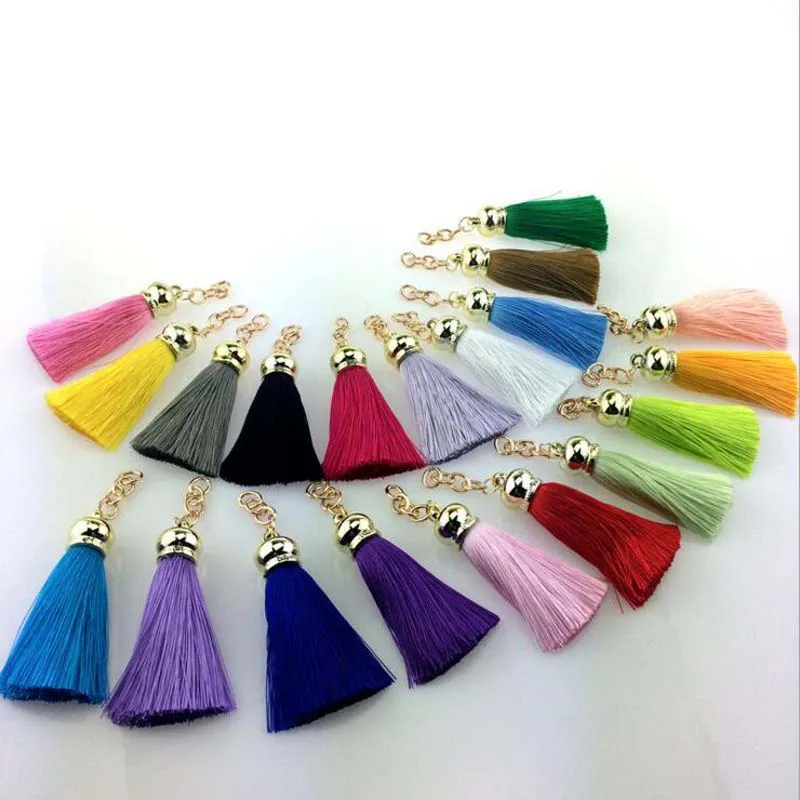 

12Pcs/lot 60mm Silk Satin Tassel Charm With Extend Chain For Jewelry Making Gold Caps Mob Straps