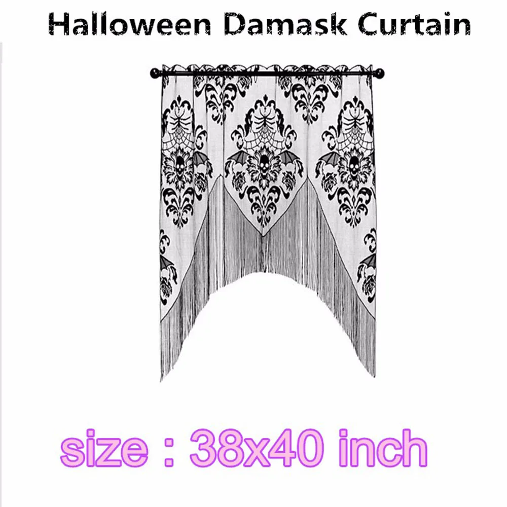 Halloween Gothic Black Lace Tassel Valance Skull Bat Tulle Topper Shawl Halloween Haunted House Party Curtains Fabric Tablecloth