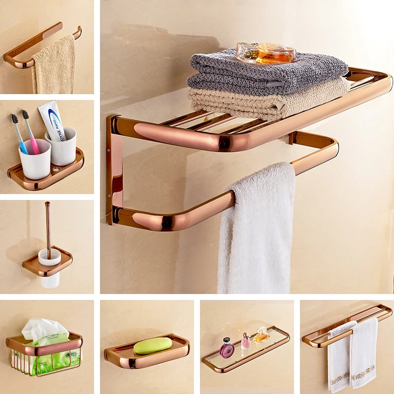 Bathroom Accessories Set Solid Brass Tissue Rack Towel Bar/Rack Toilet Brush Holder Corner Shelves Bath Hardware Set Rose Gold