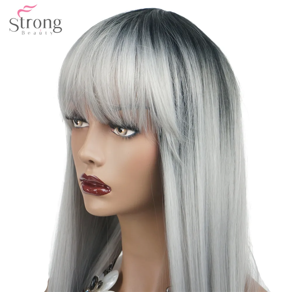 Strongbeauty dámská syntetická paruky ombre stříbro gray/blonde vlasy dlouhé přímo upravený bang! styl natura paruky