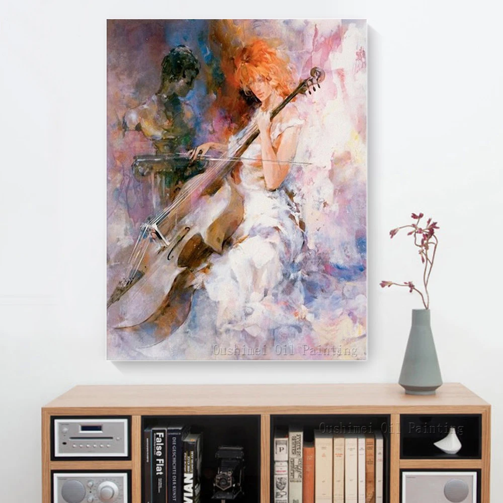 Free Shipping High Quality Hand Painted Lady Playing Violoncello Oil Painting On Canvas Impression Cello Decorative Oil Painting