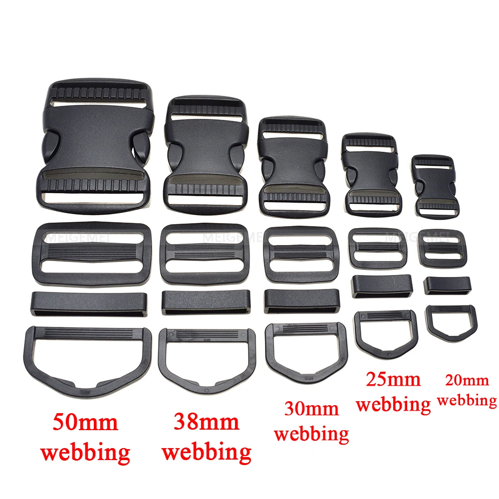 1 set 20mm 25mm 30mm 38mm 50mm Plastic Slider Adjustable D Rings Belt Loop Curved Side Release Buckles For Paracord