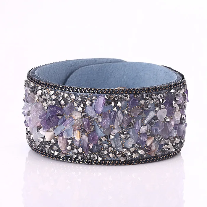 Christmas Gifts Fashion Wrap Cuff Bracelets Slake Leather Bracelet With Crystals Natural Stone For Women Girls Jewelry 2.8*21CM