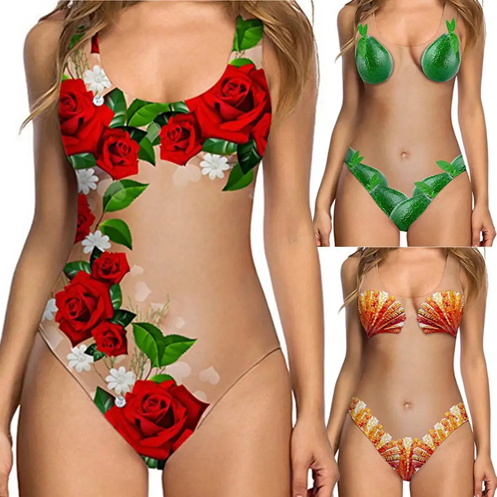 HOT Women One-Piece Swimsuit Invisible Color Rose Flower Bikini Bathing Suit Beachwear Swimwear Push Up Monokini Bikini Bathing