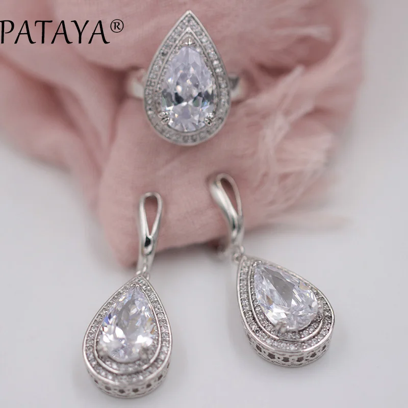 PATAYA True White Gold Color Wedding Jewelry Big Green Water Drop Natural Zircon Earrings Ring Set Women Luxury Trendy Jewelry