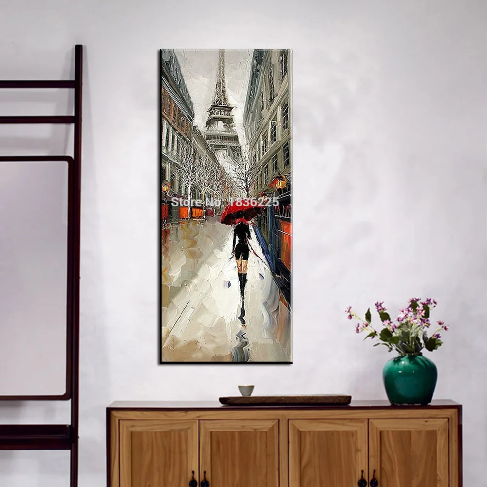 beautiful girl hold umbrella under Eiffel knife modern streetscape oil painting on canvas handmade wall pictures for living room