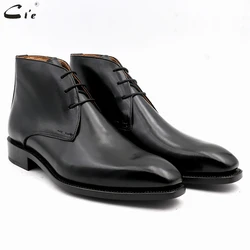 cie square plain toe full grain genuine calf leather boot solid black handmade bespoke leather lacing derby men's ankle boot A04