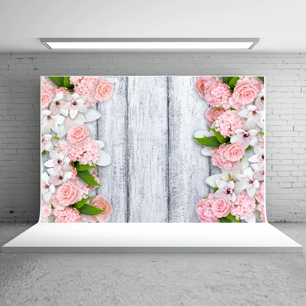 

VinylBDS Valentine'S Day Photography Background 5x7ft Wood Planks Photography Backdrop Pink Flower Cotton Photo Backgrounds