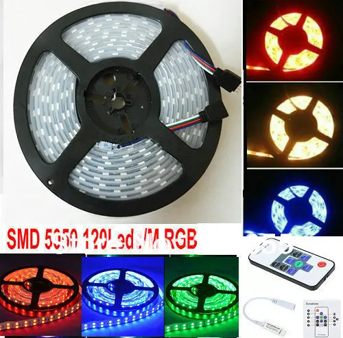 

16.4FT Double row RGB SMD 5050 120leds/m led strip light DC 12V 600Leds tube Waterproof IP67 5M+ 10key Mini RF remote controller