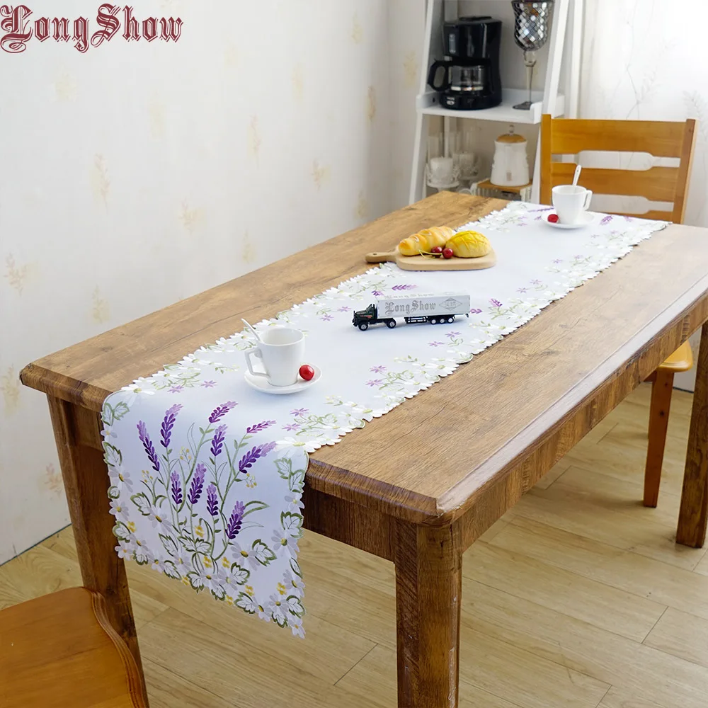 Chinese Style Fresh Purple Lavender Table Flag White Embroidery Thick Cover Towel Cloth Table Runner Textile for Home Decor