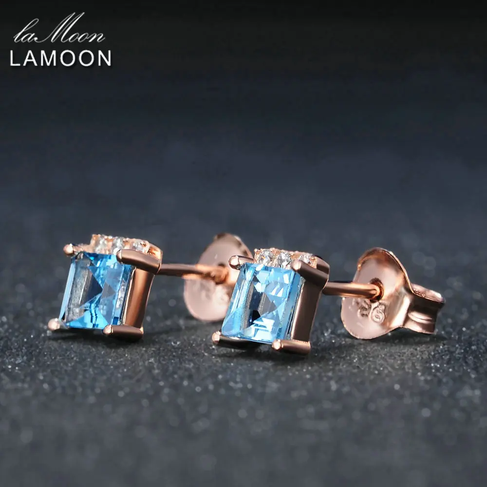 LAMOON Einfache Stil 4mm 100% Quadrat Natürliche Blau Topas 925 sterling-silber-schmuck Stud Ohrring S925 LMEI046