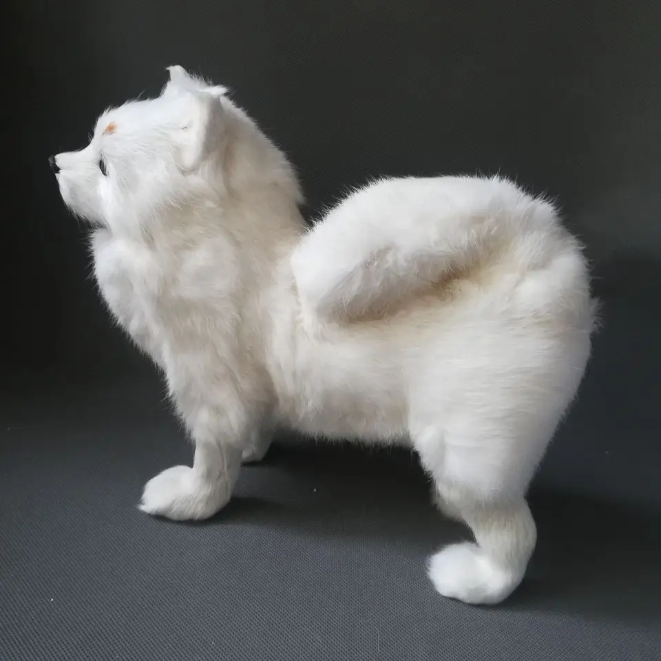 Echtes Spielzeug, weißes Pomeranian-Modell, groß, 28 x 25 cm, Pommerschen-Kunststoff und Fell, Heimdekoration, Spielzeug, Geschenk w0554