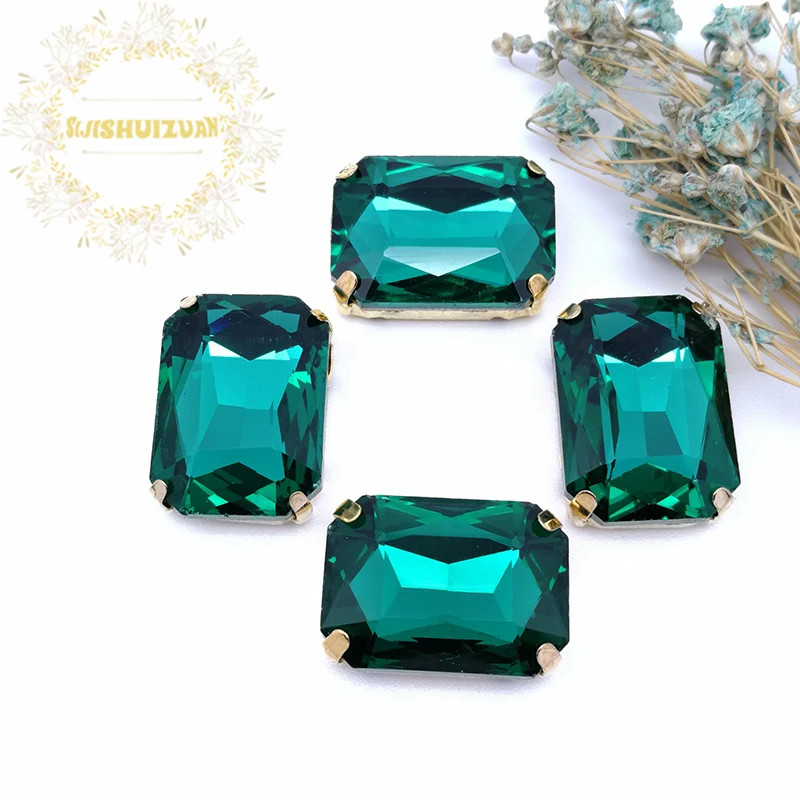 Malachite green Rectangle shape Glass Crystal sew on rhinestones with FOUR gold claw Diy wedding dress accessories